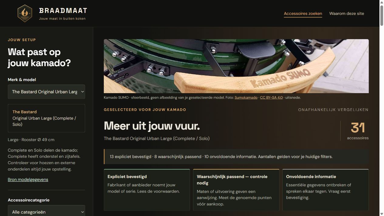 Screenshot van Braadmaat met donkere vormgeving, kamadofoto en uitgebreide keuzefilters